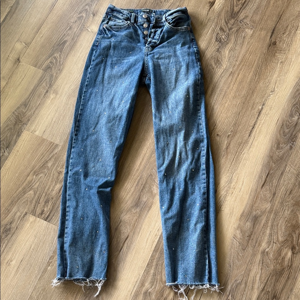 wild fable Blue Speckled Raw-Hem Straight-Leg Jeans